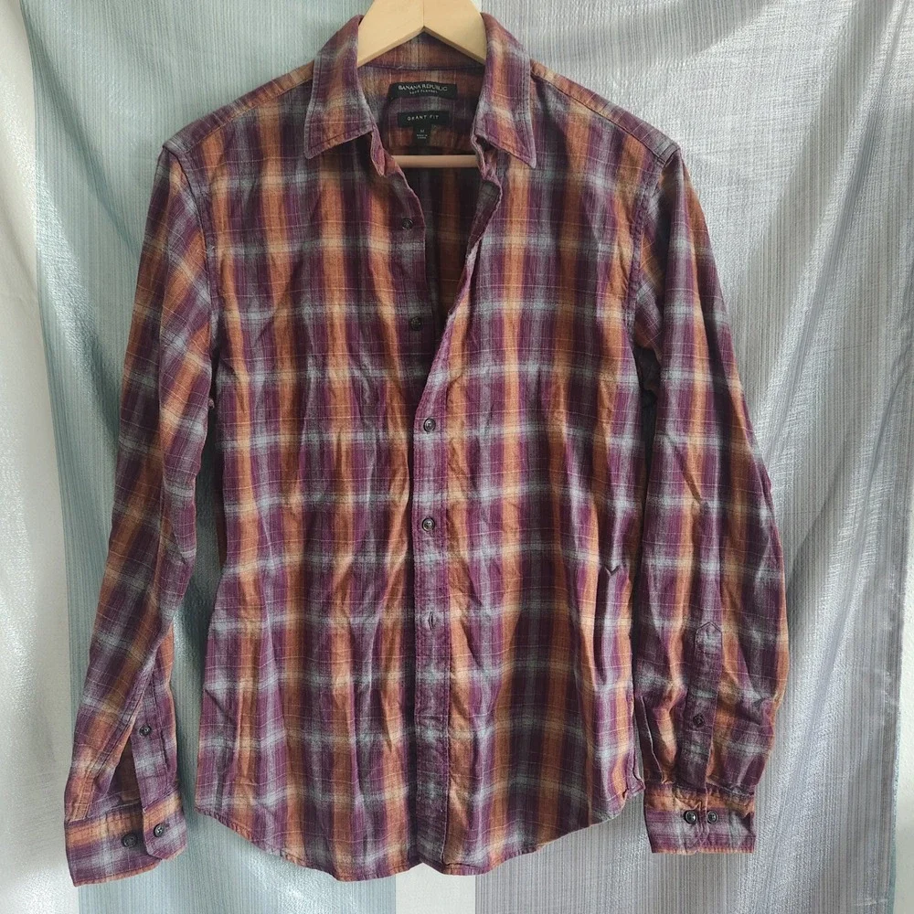 Banana Republic Grant Fit Luxe Flannel Shirt Mens M Purple Orange Plaid Cabin